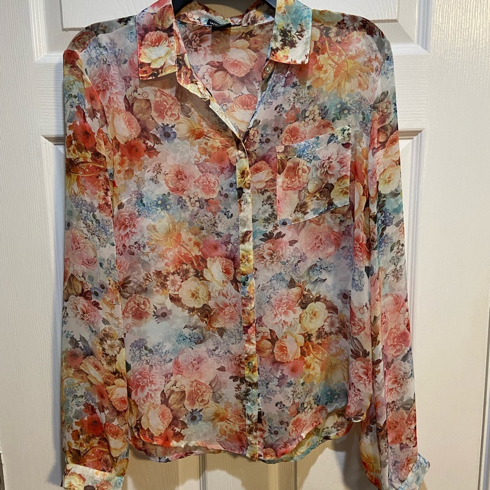 Wet Seal Floral Long Sleeve Sheer Button Up